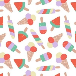 Ice-Cream cones popsicles and lollipop summer designs retro nineties style snacks red lilac teal on white 