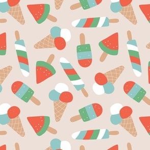 Ice-Cream cones popsicles and lollipop summer designs retro nineties style snacks red green turquoise on sand 