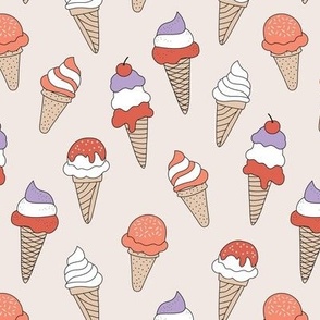 Freehand vintage style summer ice-cream design pool snacks kids food lilac red blush on sand girls palette 