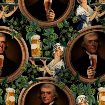 Cheers to History: Thomas Jefferson, Historic American President, Raises Glass of Fresh Brewed Beer as Waitress Serves Ale - black