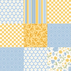 Floral Cheater Quilt 6in Squares Whole Cloth Patchwork DIY Quilt Baby Blue, Yellow and White