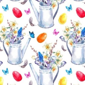 Spring Watercolor Easter Flowers and colorful eggs