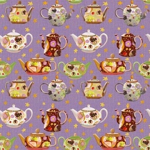 4” repeat afternoon tea teapots with faux woven burlap texture, multicoloured on violet purple