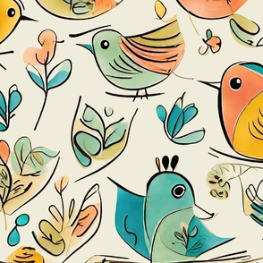 abstract cute drawing birds vintage colors L