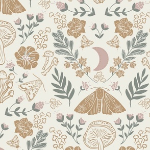 Large, Midnight Moths, Mushrooms and Flowers, Gold, Sage Green, Pink