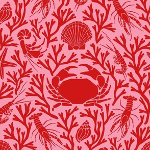 (L) Papercut Rock Pool - crustacean core nautical crabs, shellfish and seaweed - red on pink