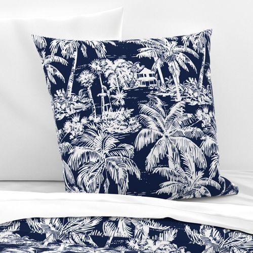 Palm Breeze Paradise Toile  - Navy  Blue/White - New