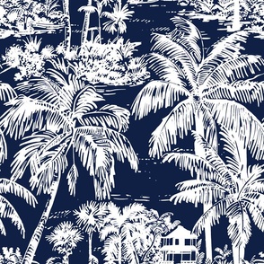 Palm Breeze Paradise Toile  - Navy  Blue - New
