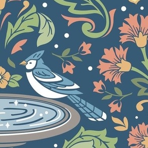 Damask Bluejays at the Bird Bath in Blue 