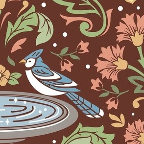 Damask Bluejays at the Bird Bath in Chocolate Brown 