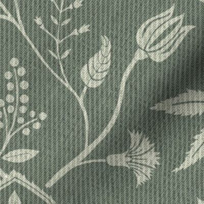 (L) Indian block printed florals rustic green denim