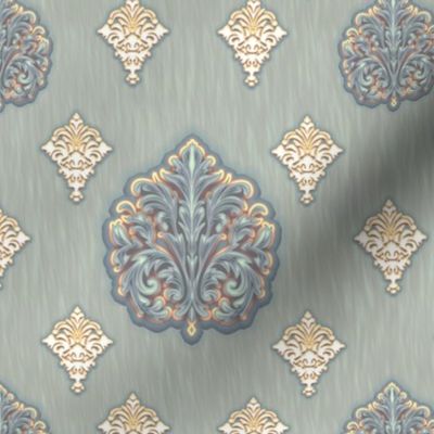 Rococo Elegance - Decadent Damask - Slate Green and Gold Colorway