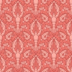 Nautical Block Print Damask (S): Lobster, Shrimp, and Shells Pattern in coral pink hues with Coral motif