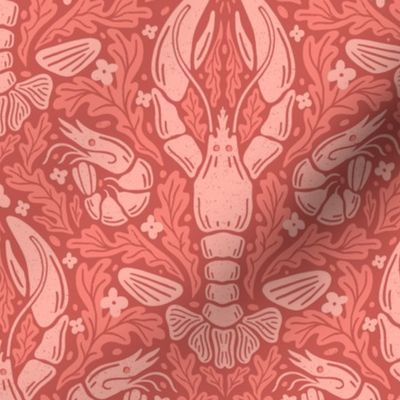 Nautical Block Print Damask (M): Lobster, Shrimp, and Shells Pattern in coral pink hues with Coral motif
