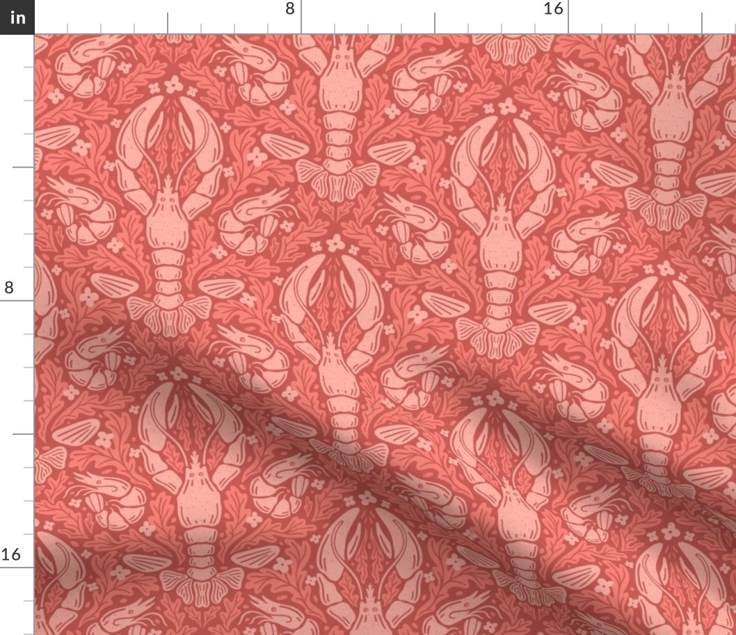 Nautical Block Print Damask (M): Lobster, Shrimp, and Shells Pattern in coral pink hues with Coral motif