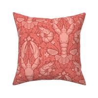 Nautical Block Print Damask (L): Lobster, Shrimp, and Shells Pattern in coral pink hues with Coral motif