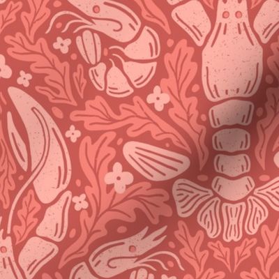 Nautical Block Print Damask (L): Lobster, Shrimp, and Shells Pattern in coral pink hues with Coral motif
