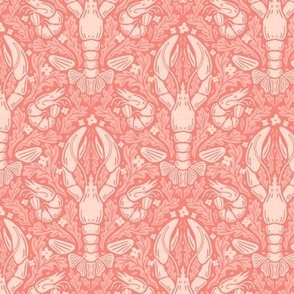 Nautical Block Print Damask (S): Pinky Lobster, Shrimp, and Shells Pattern with Coral motif