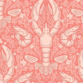 Nautical Block Print Damask (M): Pinky Lobster, Shrimp, and Shells Pattern with Coral motif