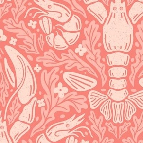 Nautical Block Print Damask (L): Pinky Lobster, Shrimp, and Shells Pattern with Coral motif