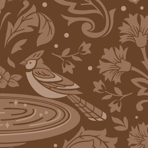 Damask Bluejays at the Bird Bath in Chocolate brown