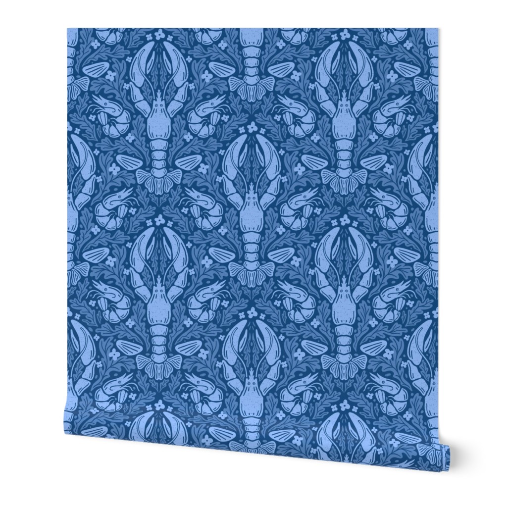 Nautical Block Print Damask (L): lobster, shrimp and shell pattern in classic blue shades with coral motif