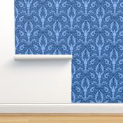 Nautical Block Print Damask (L): lobster, shrimp and shell pattern in classic blue shades with coral motif