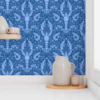 Nautical Block Print Damask (L): lobster, shrimp and shell pattern in classic blue shades with coral motif