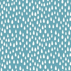 Smaller Scale Rainy Day Raindrops White on Boho Blue