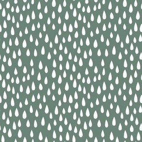 Smaller Scale Rainy Day Raindrops White on Soft Pine Green
