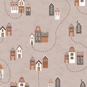 Fall European village | cozy small houses in red, brown and white on taupe grey | small