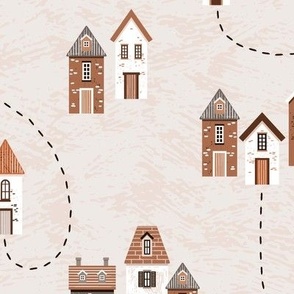 Fall European village | cozy small houses in red, brown and white on cream 