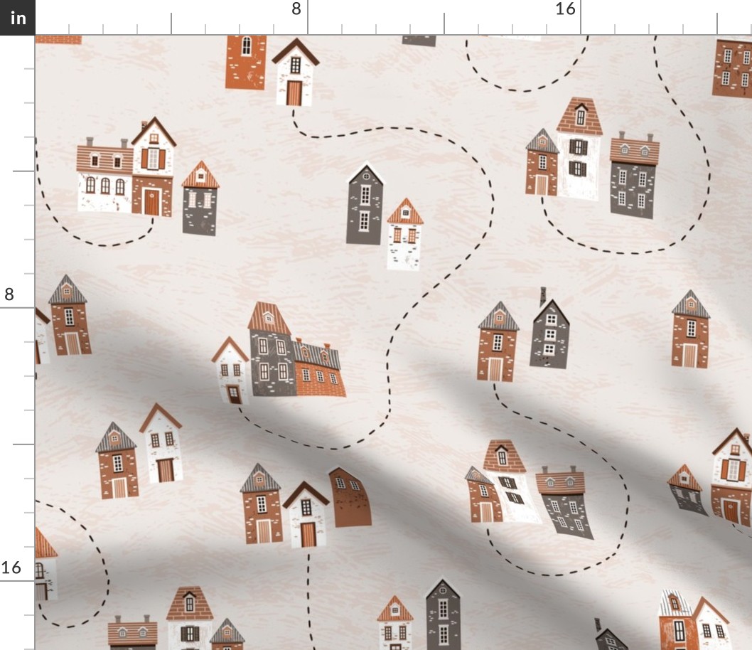Fall European village | cozy small houses in red, brown and white on cream | large 