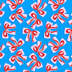 (S) Ditsy Kitsch Red Ribbons on Stripy Bows Party 3. Azure Blue