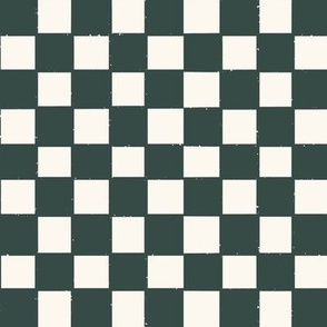 Hand Drawn Checkered-Forest Green, Hand Drawn Green Checks, Ivory Checkerboard, Checker Design, Geometric, Contemporary, Dark Green Cream, Classic Checkerboard, Green Square Grid