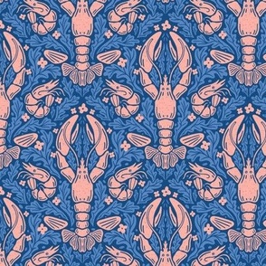Nautical Block Print Damask (S): Pink Lobster, Shrimp, and Shells Pattern on Blue Background with Coral motif