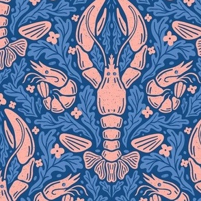Nautical Block Print Damask (M): Pink Lobster, Shrimp, and Shells Pattern on Blue Background with Coral motif