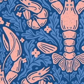 Nautical Block Print Damask (L): Pink Lobster, Shrimp, and Shells Pattern on Blue Background with Coral motif