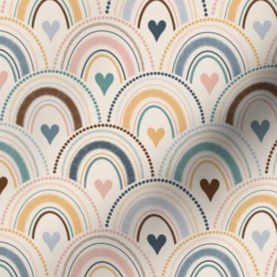 (S) Boho Rainbow Hearts //  Soft Pink, Blue, Yellow, Brown, Teal on Ivory