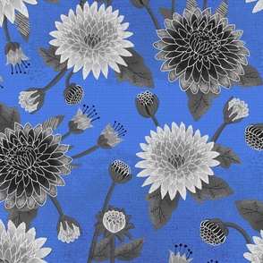 big// Floral Chrysanthemums with leaves Black and White Blue Ink