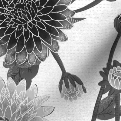 big// Floral Chrysanthemums with leaves Black and White