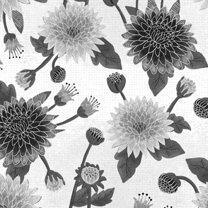 big// Floral Chrysanthemums with leaves Black and White