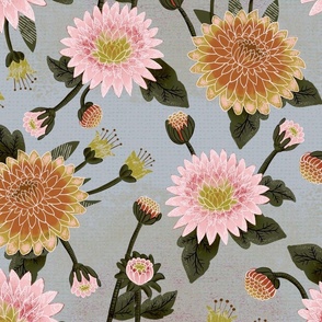 big// Floral Chrysanthemums with leaves Country Green