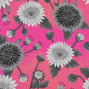 big// Floral Chrysanthemums with leaves Black and White Bright Pink