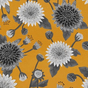 big// Floral Chrysanthemums with leaves Black and White Mustard Yellow