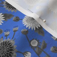 small// Floral Chrysanthemums with leaves Black and White Blue Ink