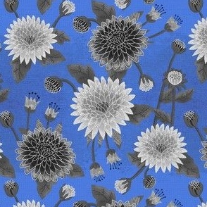 small// Floral Chrysanthemums with leaves Black and White Blue Ink