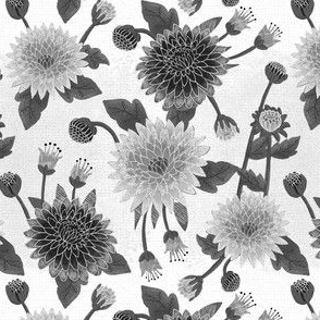 small// Floral Chrysanthemums with leaves Black and White