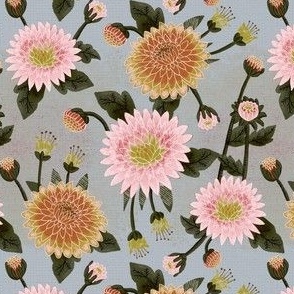 small// Floral Chrysanthemums with leaves Country Green
