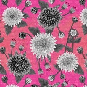 small// Floral Chrysanthemums with leaves Black and White Bright Pink
